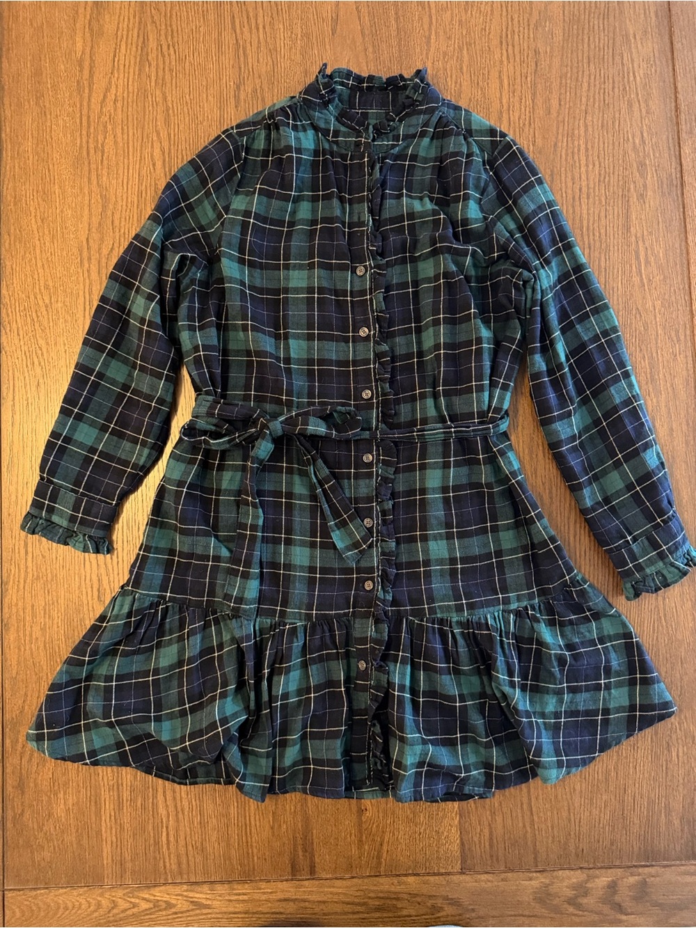 GAP Green and Navy Blue Blackwatch Plaid Tiered Mini Button Dress with Tie Waist